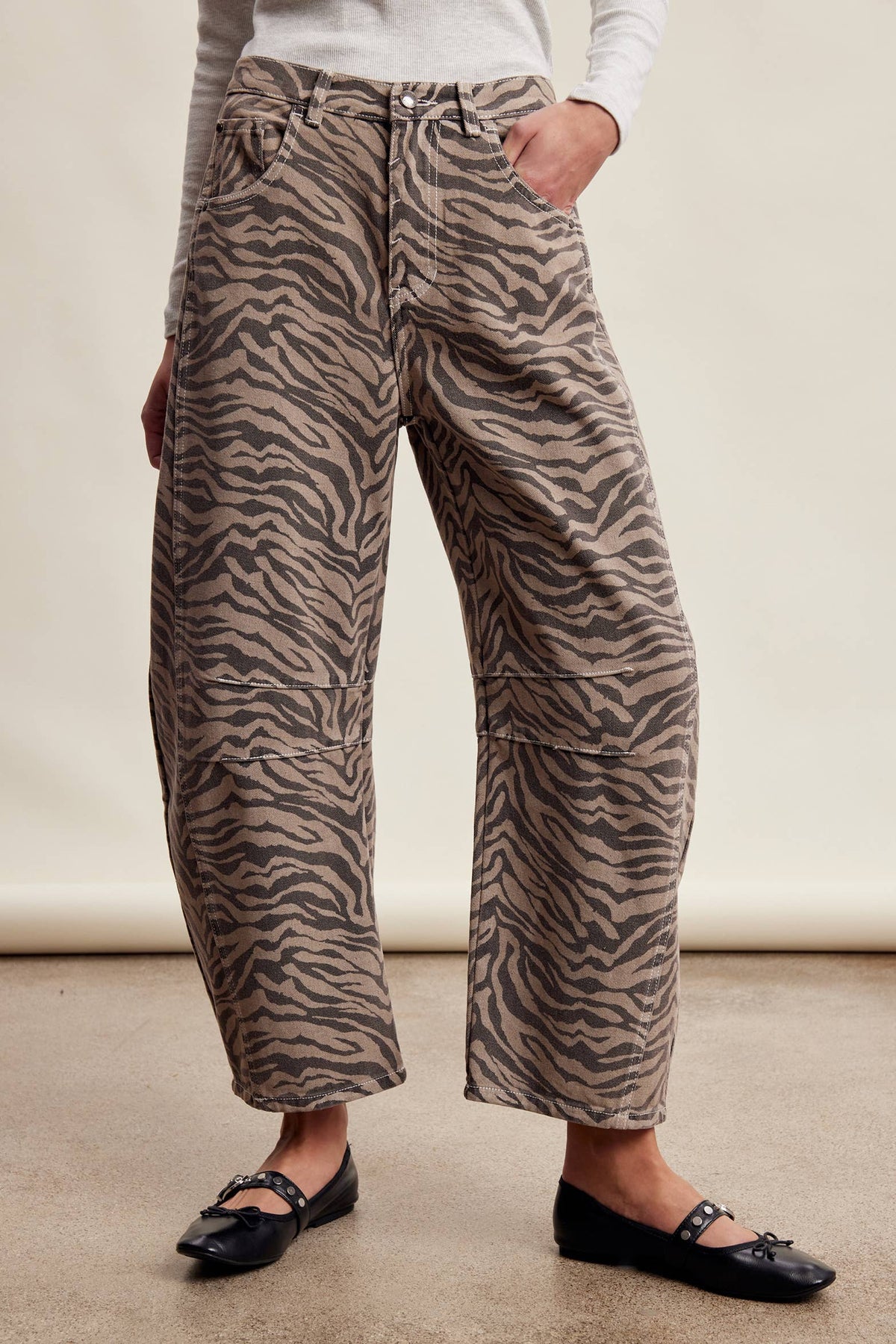 Zebra Print Barrel Jeans Mocha
