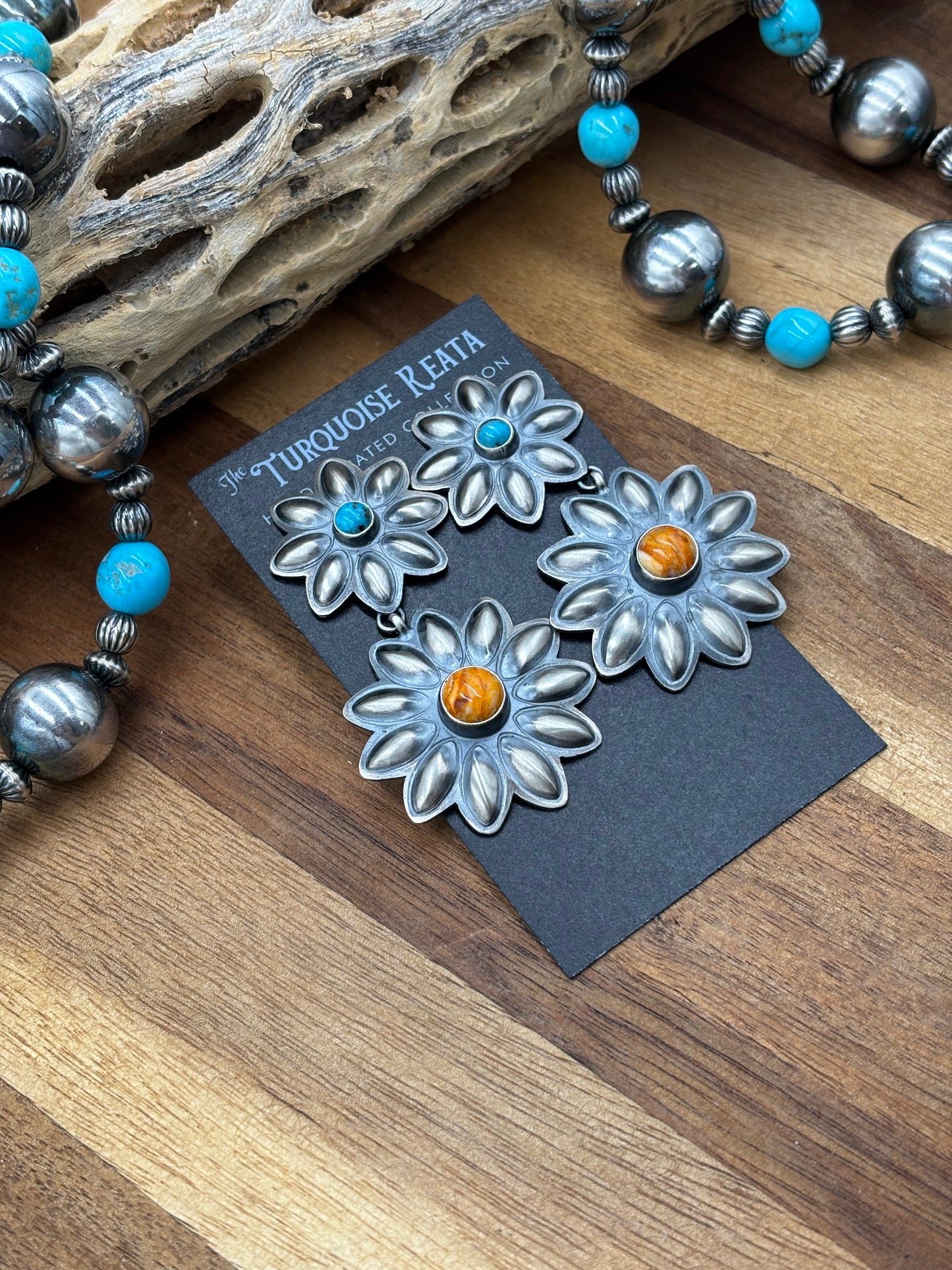 Orange Spiny & Turquoise Flower Concho Earrings by Robert Johnson, Navajo