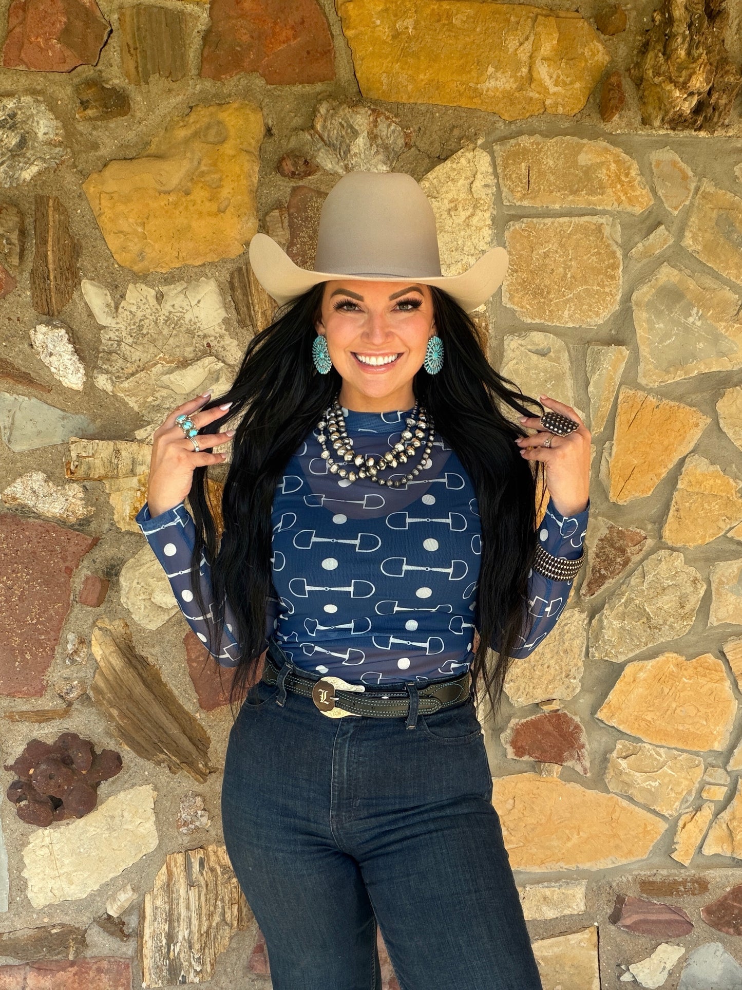 Navy Snaffle Bit Mesh Top
