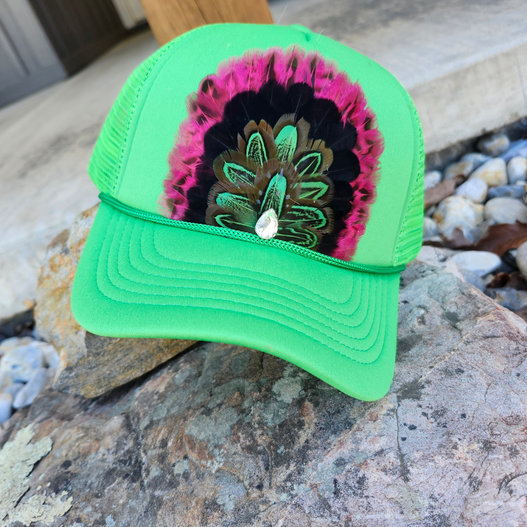 Cosmic Cowgirl Feathered Trucker Hat: Green