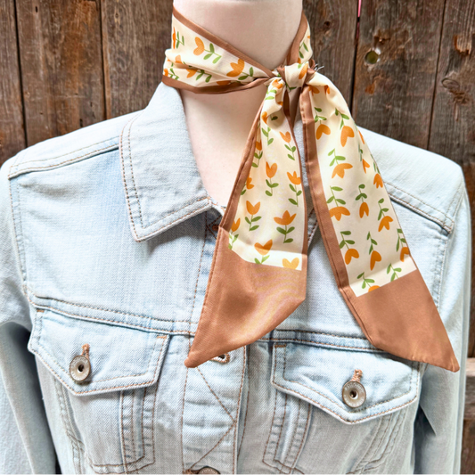 Floral: Tan and Cream Twilly Scarf TW103