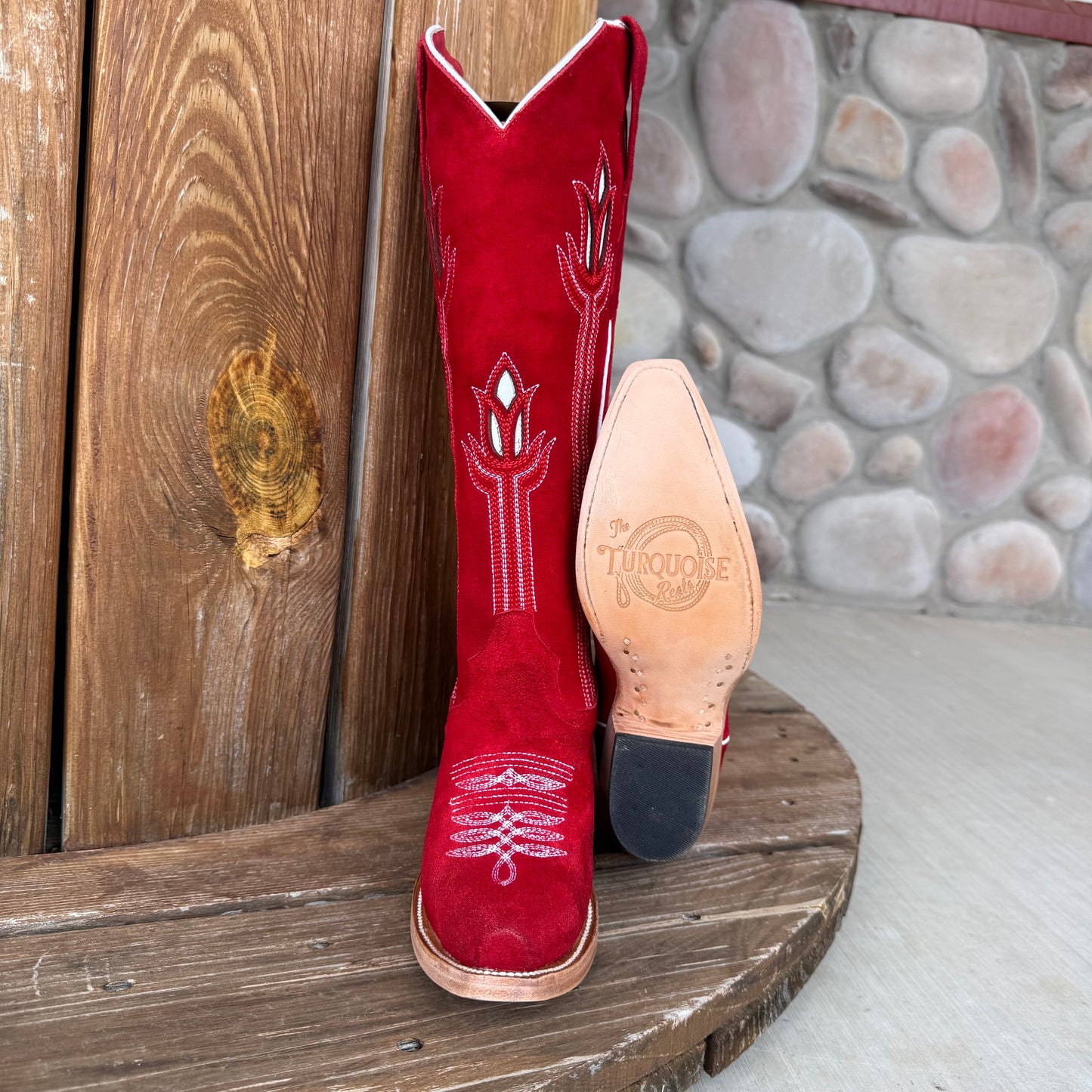 Signature Turquoise Reata Boot – The Valentina Roja Red Suede Tulip Top Snip Toe Boot