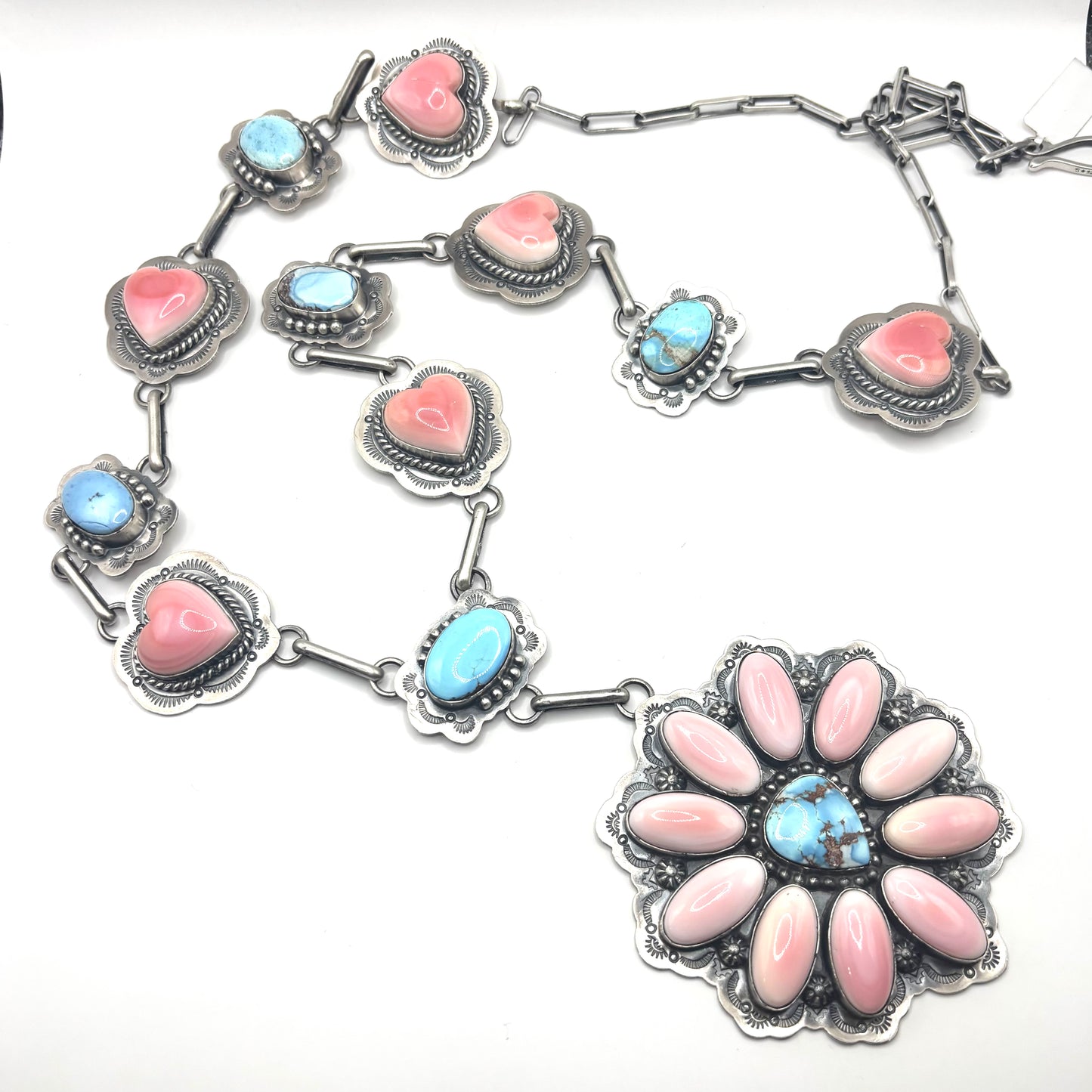 34" + 5" drop Golden Hills Turquoise & Pink Conch Statement Necklace