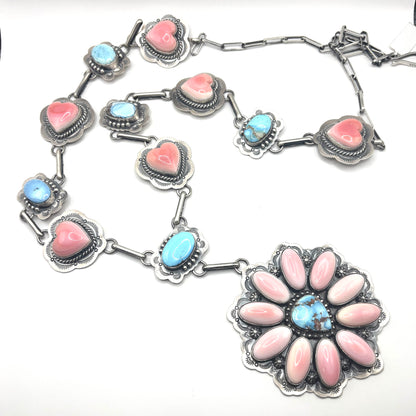 34" + 5" drop Golden Hills Turquoise & Pink Conch Statement Necklace