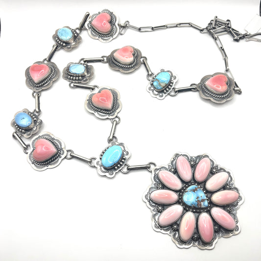 34" + 5" drop Golden Hills Turquoise & Pink Conch Statement Necklace