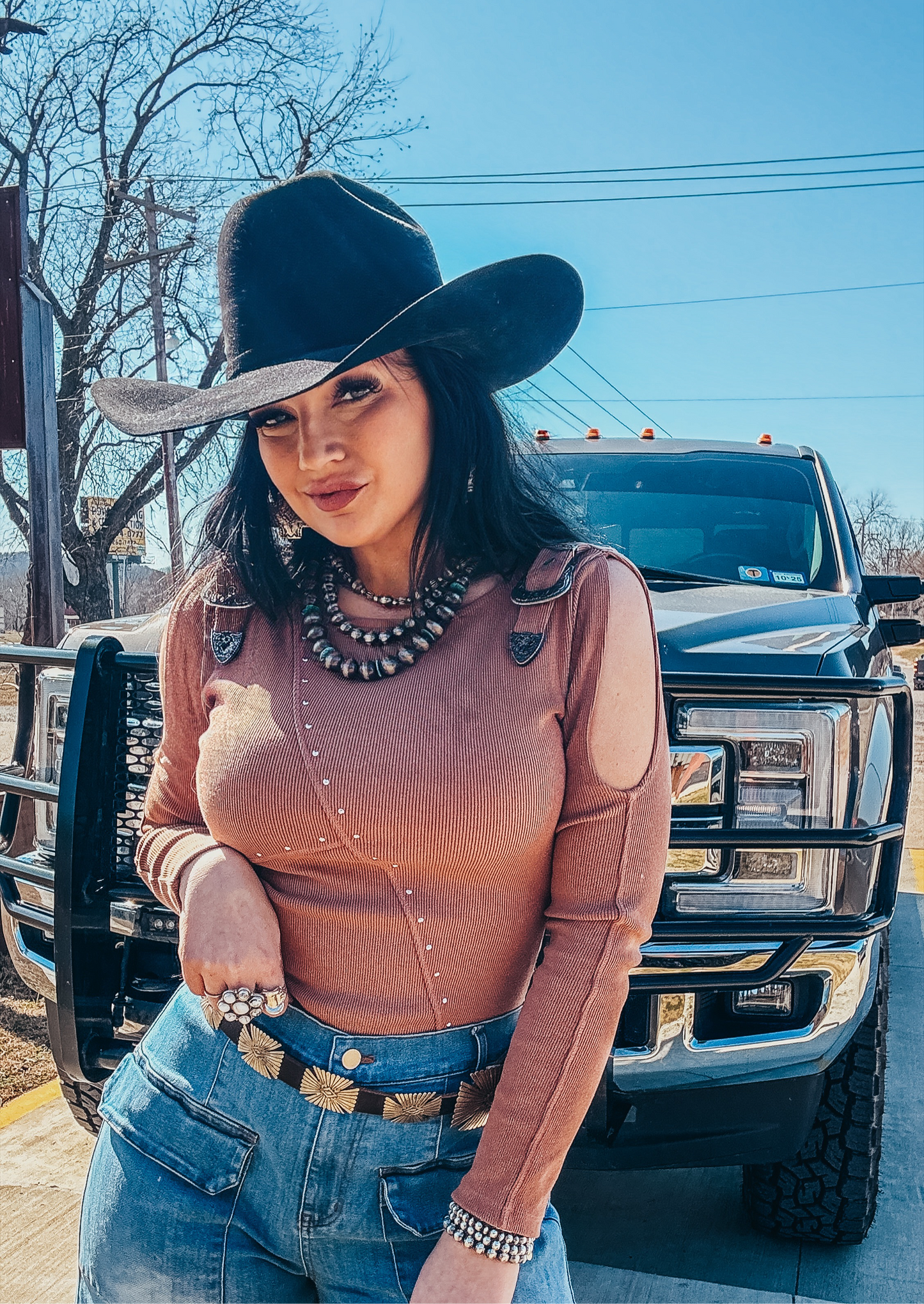 The Stacy Studded Western Buckle Cold Shoulder Bodysuit