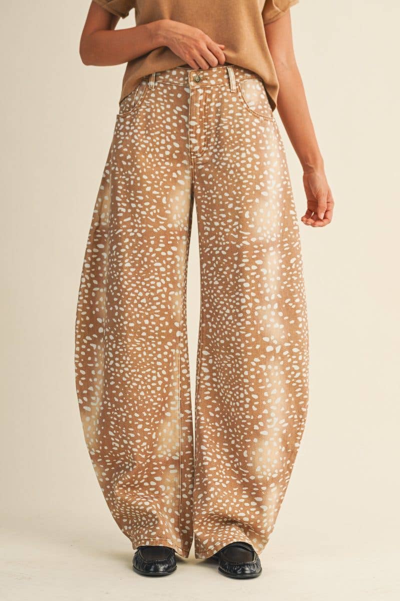 Bambi Deer Print Barrel Jeans: CAMEL