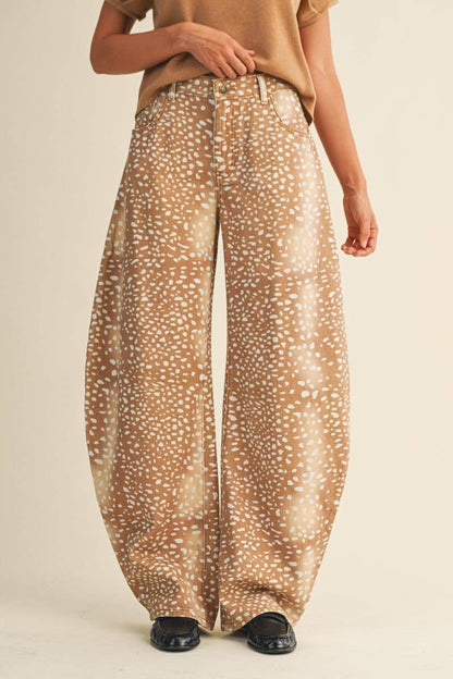 Bambi Deer Print Barrel Jeans: CAMEL