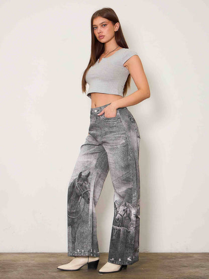 Mandi Printed Baggy Jeans: BLACK HORSE
