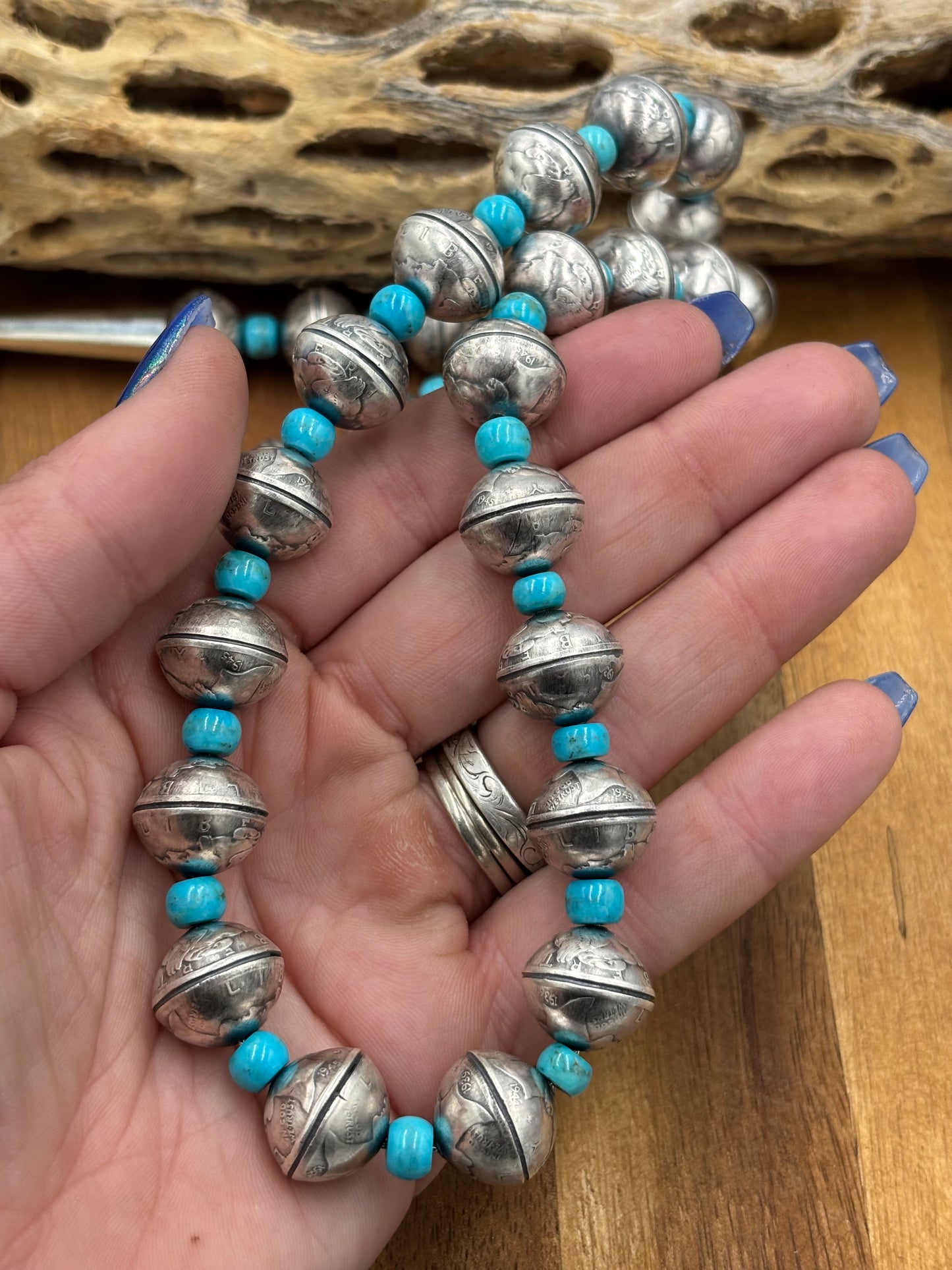 28” Mercury Dime & Turquoise Necklace by James McCabe, Navajo