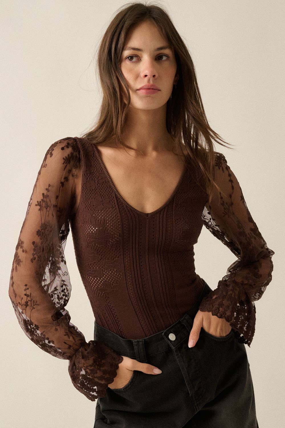 The Evie Lace Bubble-Sleeve Bodysuit: Chocolate