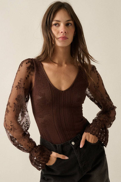 The Evie Lace Bubble-Sleeve Bodysuit: Chocolate