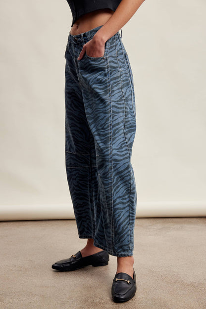 Zebra Print Barrel Jeans Mocha