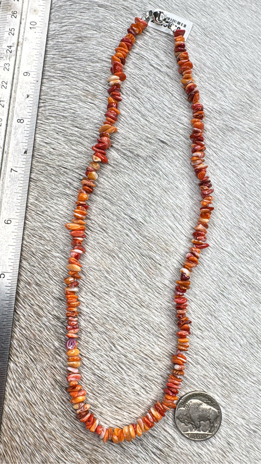 16" Orange and Red Spiny Oyster Chip Necklace #NEC-3