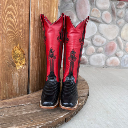 Signature Turquoise Reata Boot – The Liza, Black Lizard Print & Red Tulip Top Square Rodeo Toe Boot