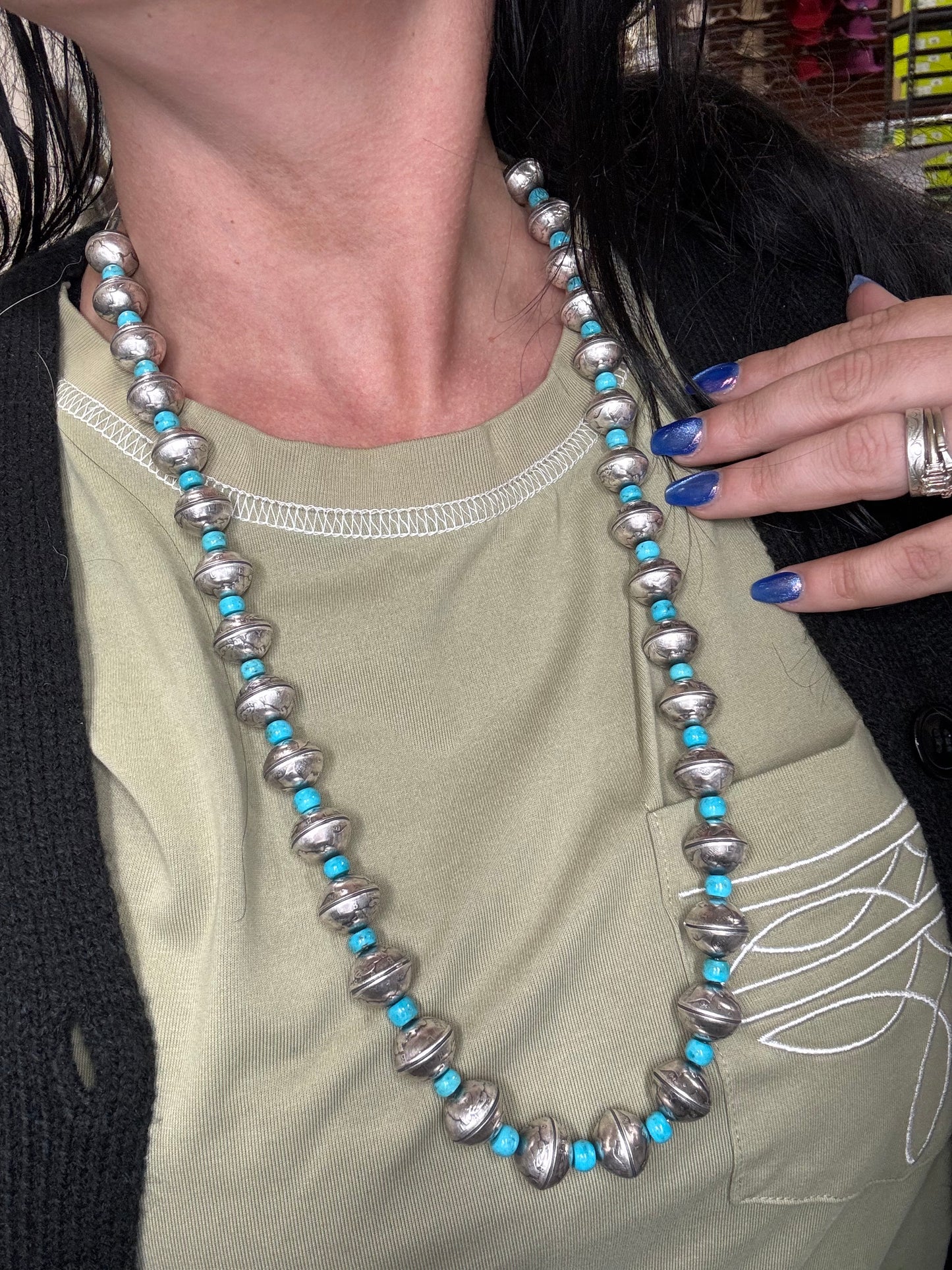 28” Mercury Dime & Turquoise Necklace by James McCabe, Navajo