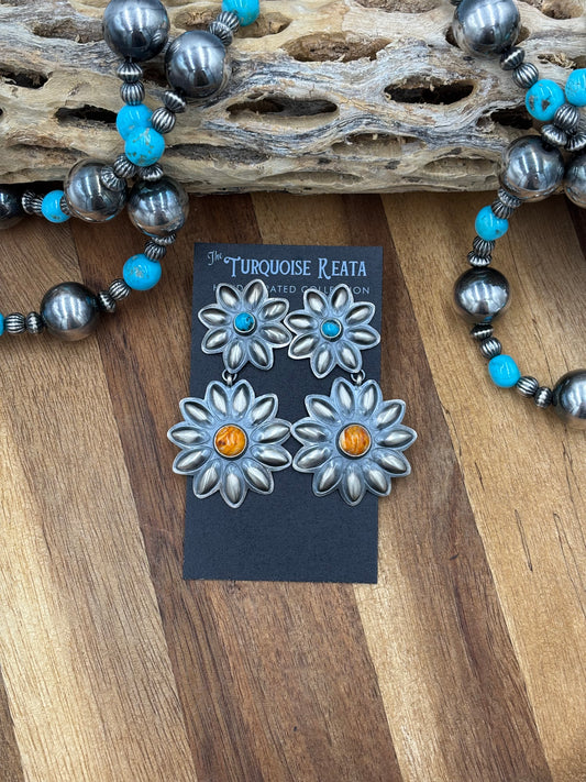 Orange Spiny & Turquoise Flower Concho Earrings by Robert Johnson, Navajo