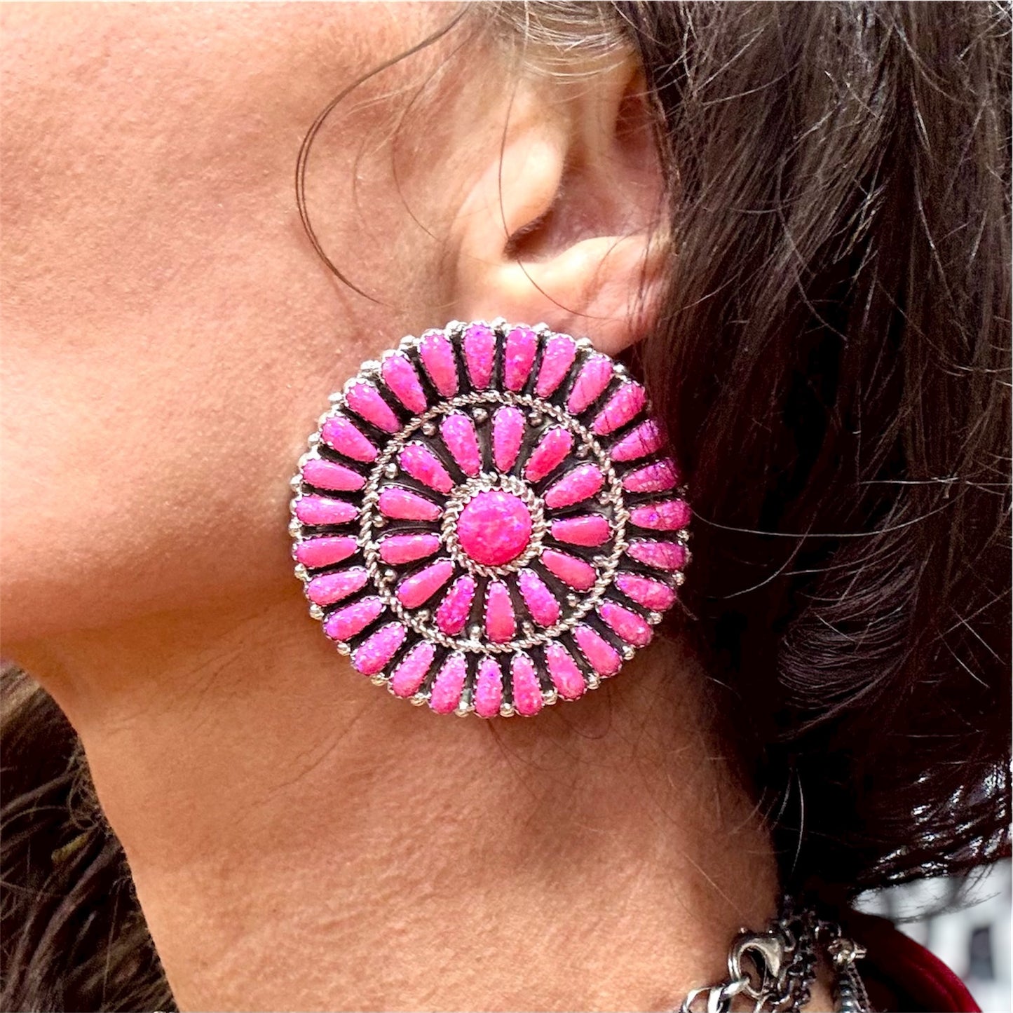2" Pink Opal Cluster Earrings By Navajo Artist Devin Benally