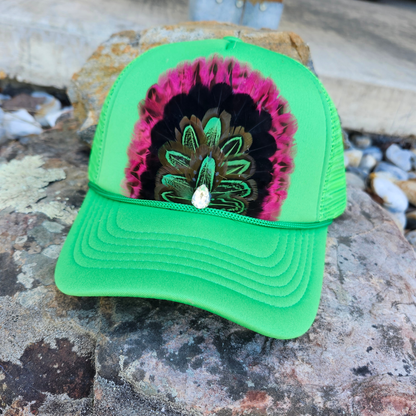 Cosmic Cowgirl Feathered Trucker Hat: Green