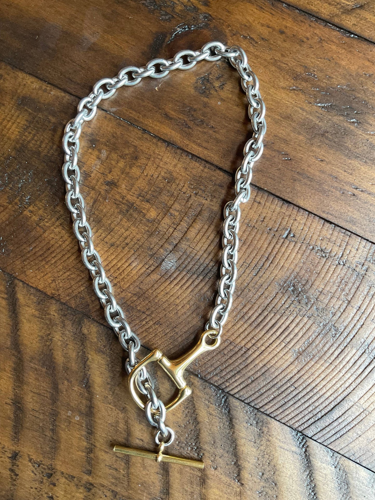 Stainless Steel Equestrian Snaffle Bit Two Tone Necklace: 17.8”
