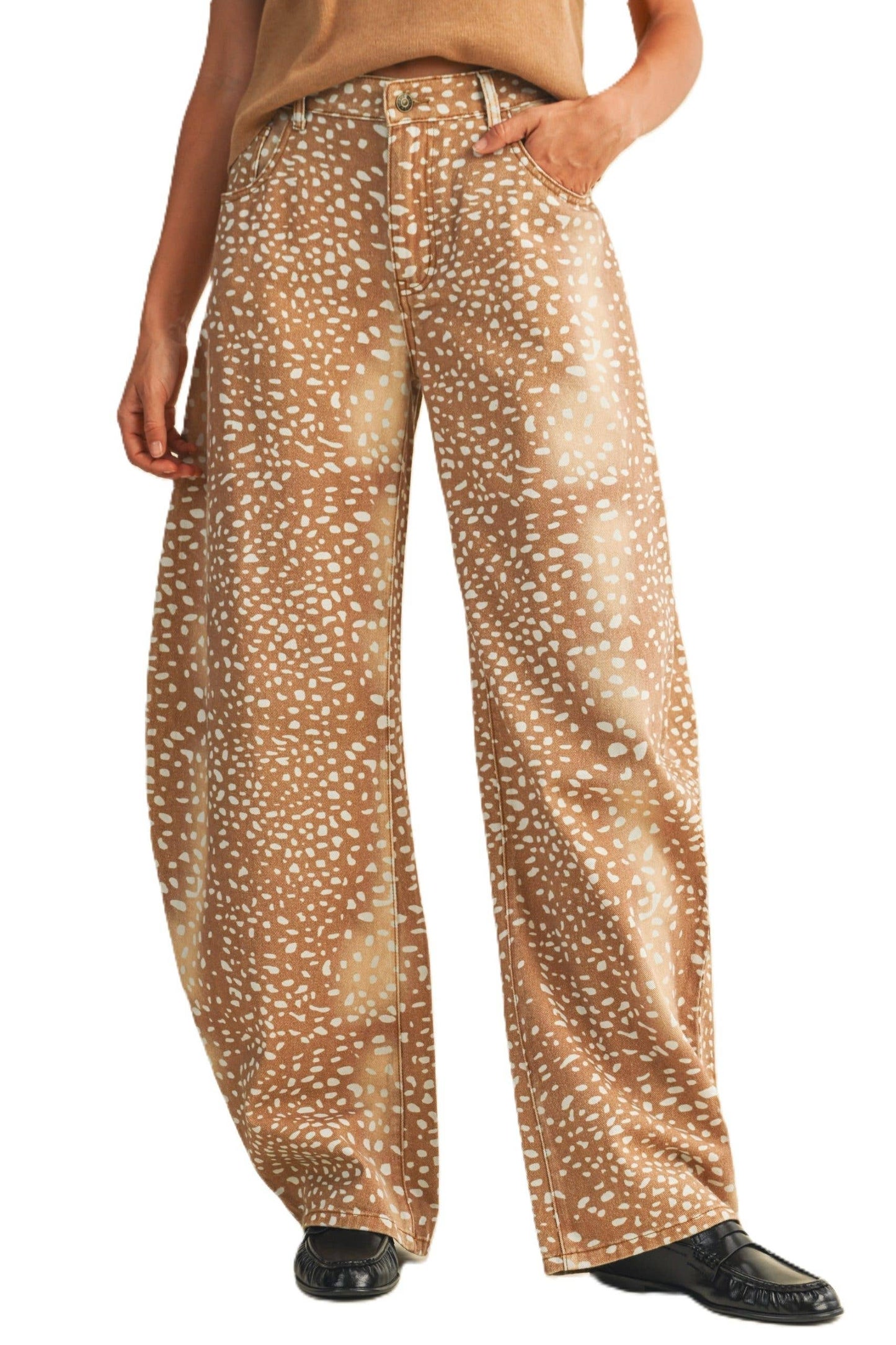Bambi Deer Print Barrel Jeans: CAMEL