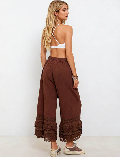 Sophie Lace Ruffle Wide Leg Pants: Coffee