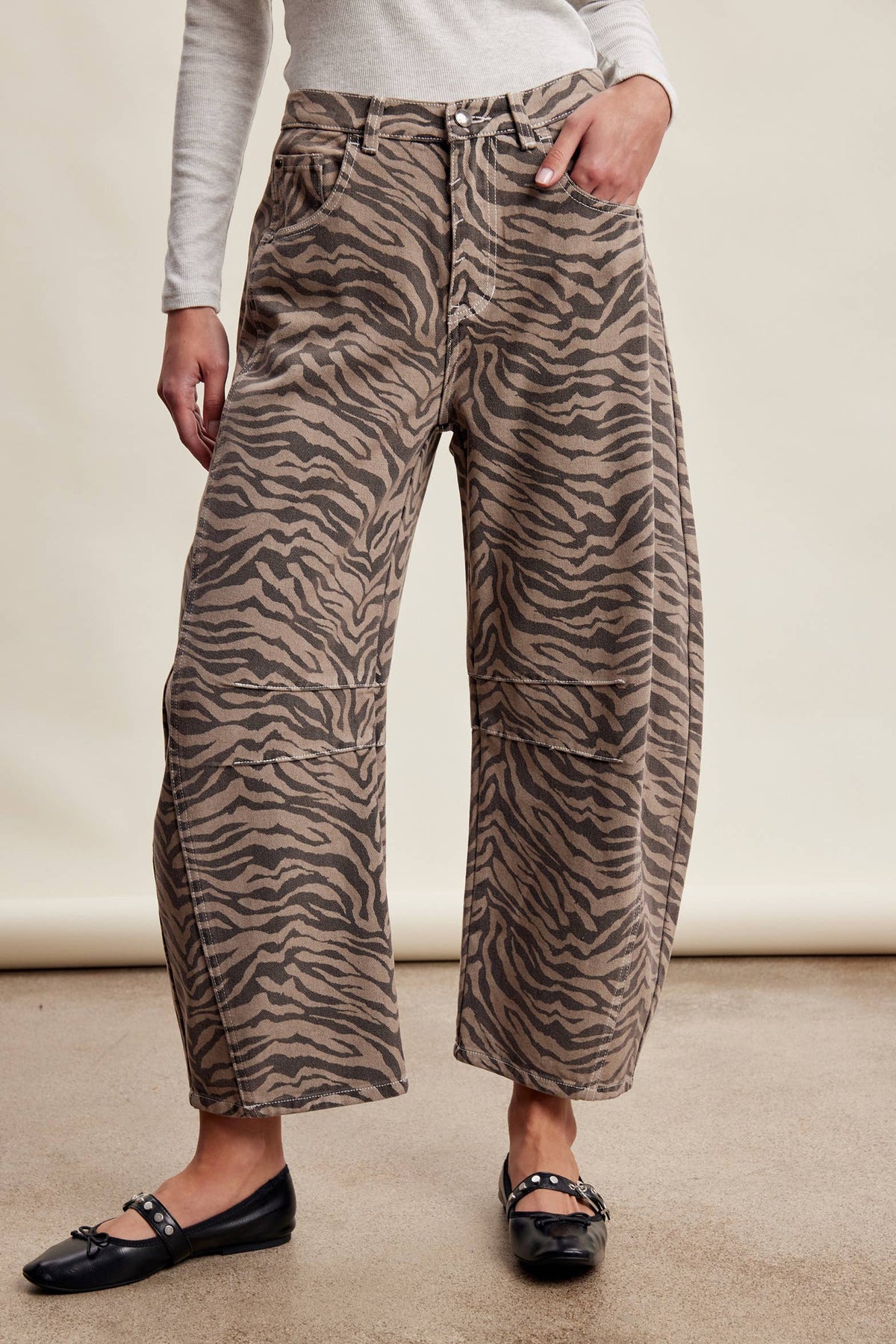 Zebra Print Barrel Jeans Mocha