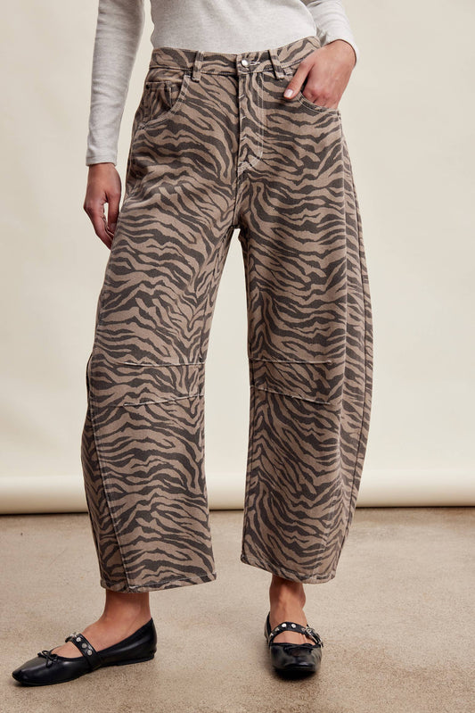 Zebra Print Barrel Jeans Mocha