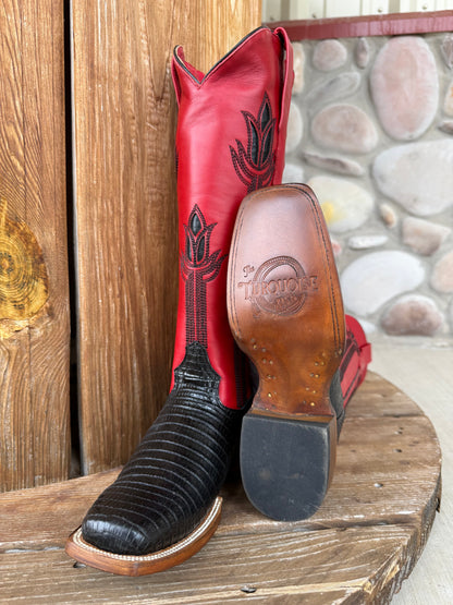 Signature Turquoise Reata Boot – The Liza, Black Lizard Print & Red Tulip Top Square Rodeo Toe Boot