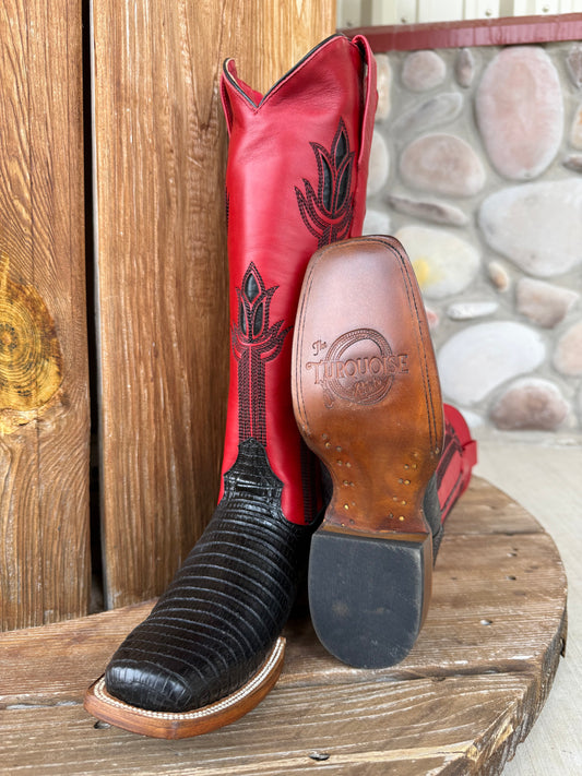 Signature Turquoise Reata Boot – The Liza, Black Lizard Print & Red Tulip Top Square Rodeo Toe Boot