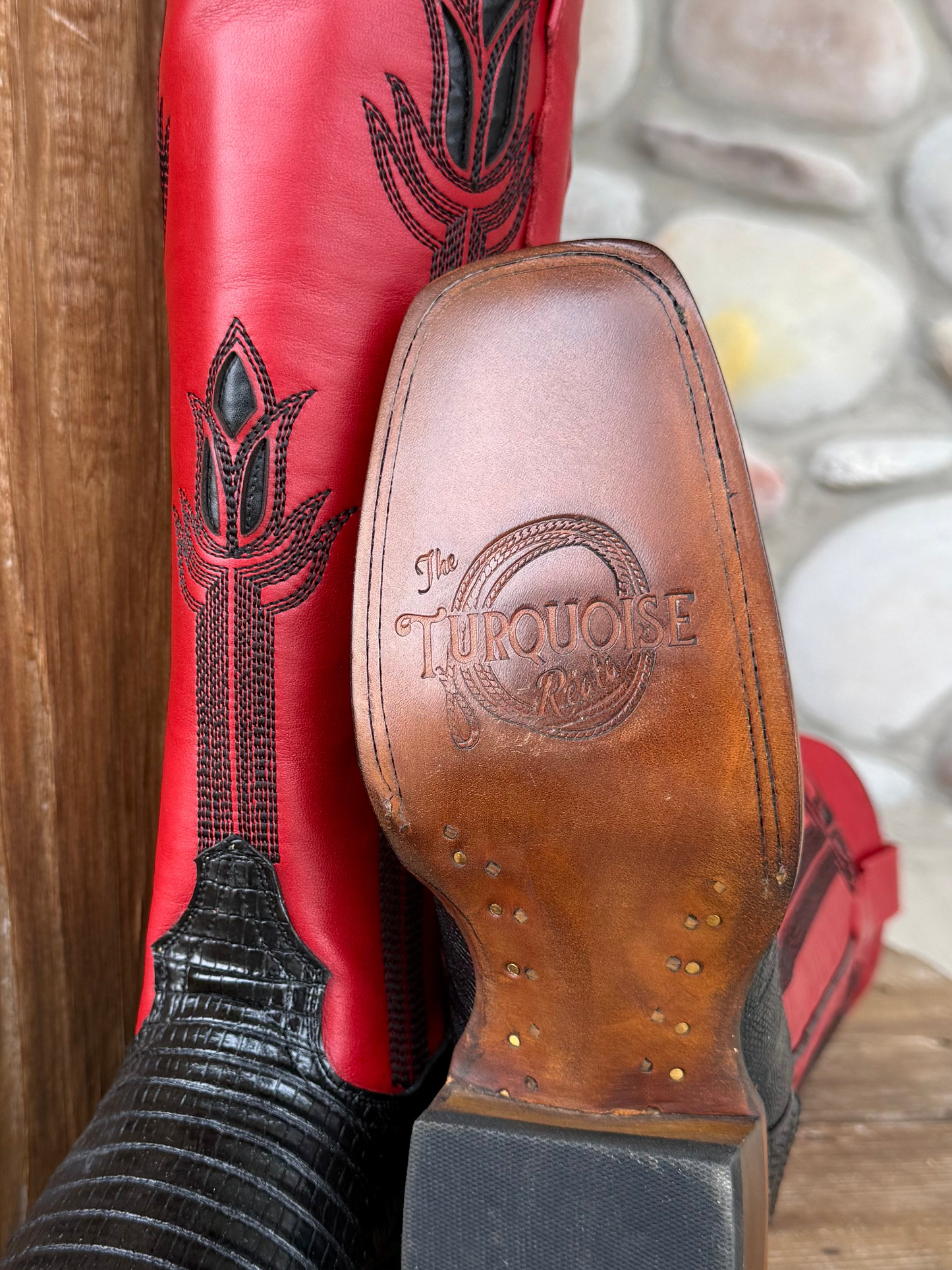 Signature Turquoise Reata Boot – The Liza, Black Lizard Print & Red Tulip Top Square Rodeo Toe Boot