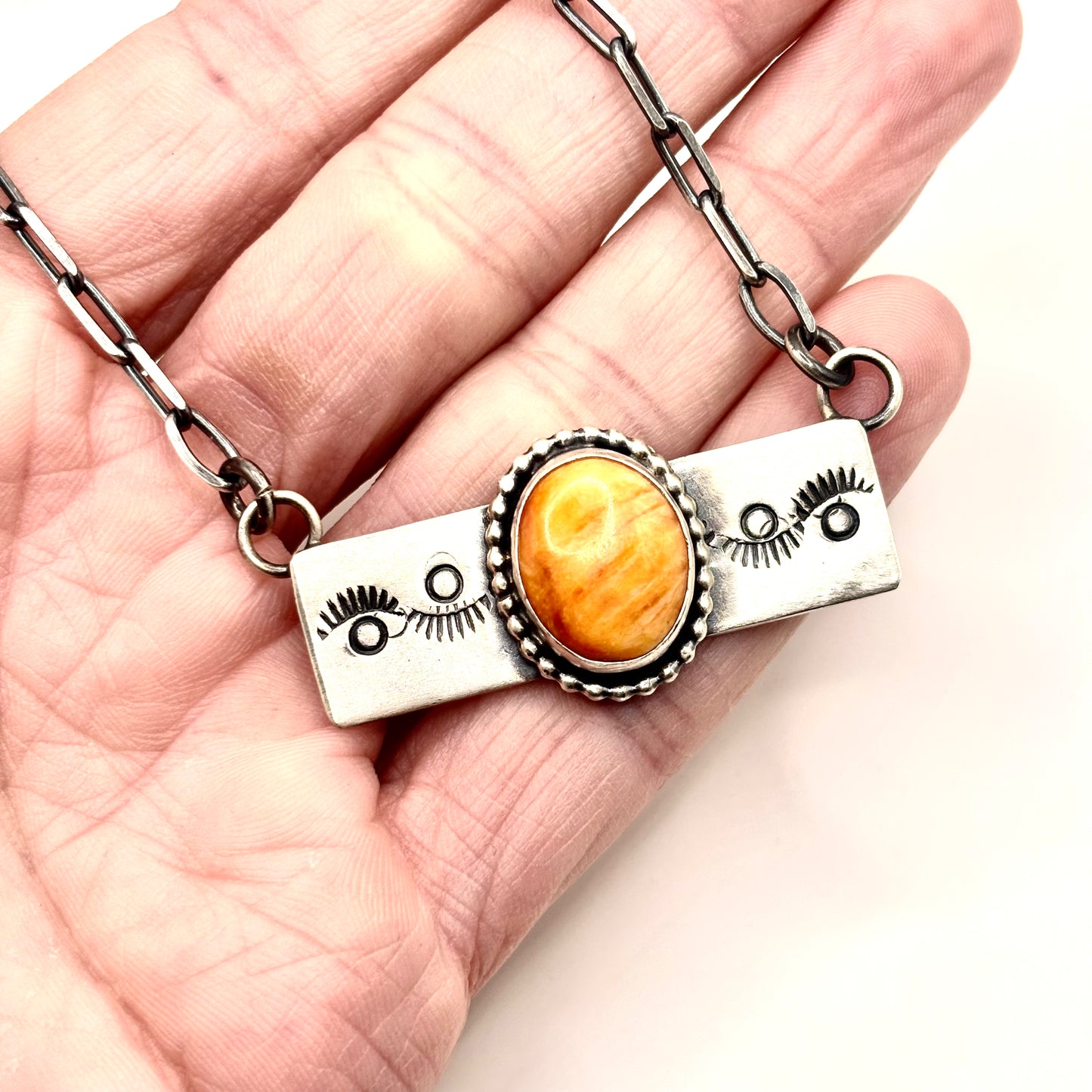18" Orange Spiny Oyster Stamped Bar Necklace Native Made by Danny Henio