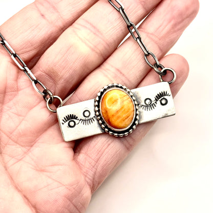 18" Orange Spiny Oyster Stamped Bar Necklace Native Made by Danny Henio