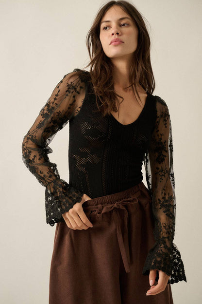 The Evie Lace Bubble-Sleeve Bodysuit: Chocolate