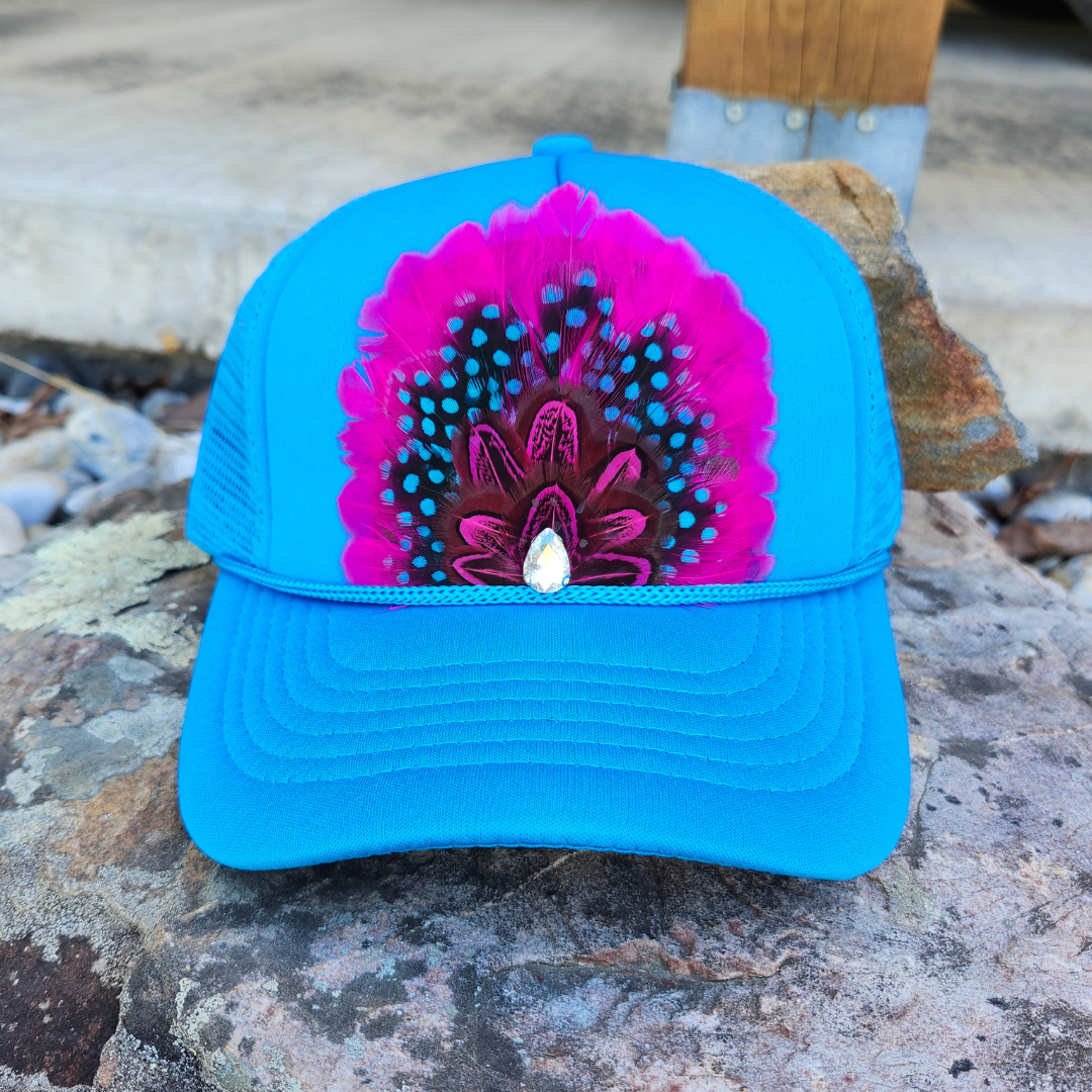 Neon Blue "Cosmic Cowgirl" Feathered Trucker Hat Ranch Glam