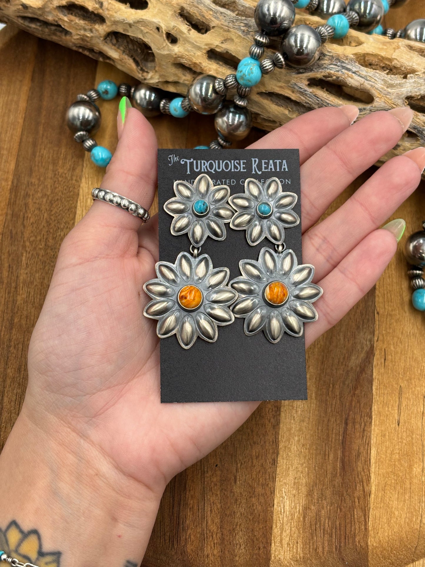 Orange Spiny & Turquoise Flower Concho Earrings by Robert Johnson, Navajo