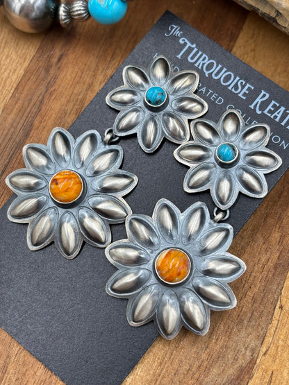 Orange Spiny & Turquoise Flower Concho Earrings by Robert Johnson, Navajo