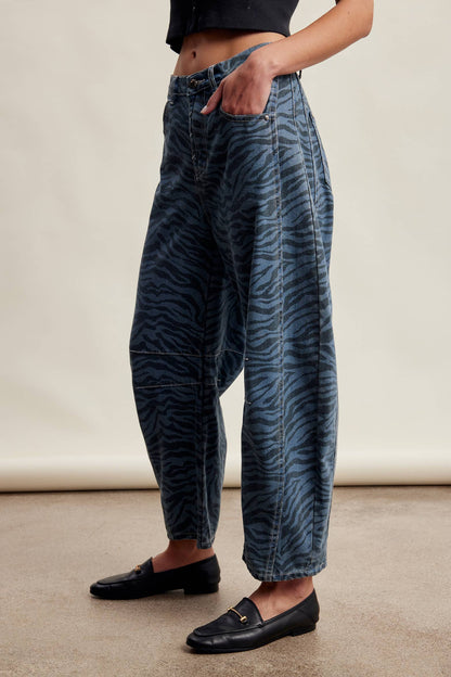 Zebra Print Barrel Jeans Mocha