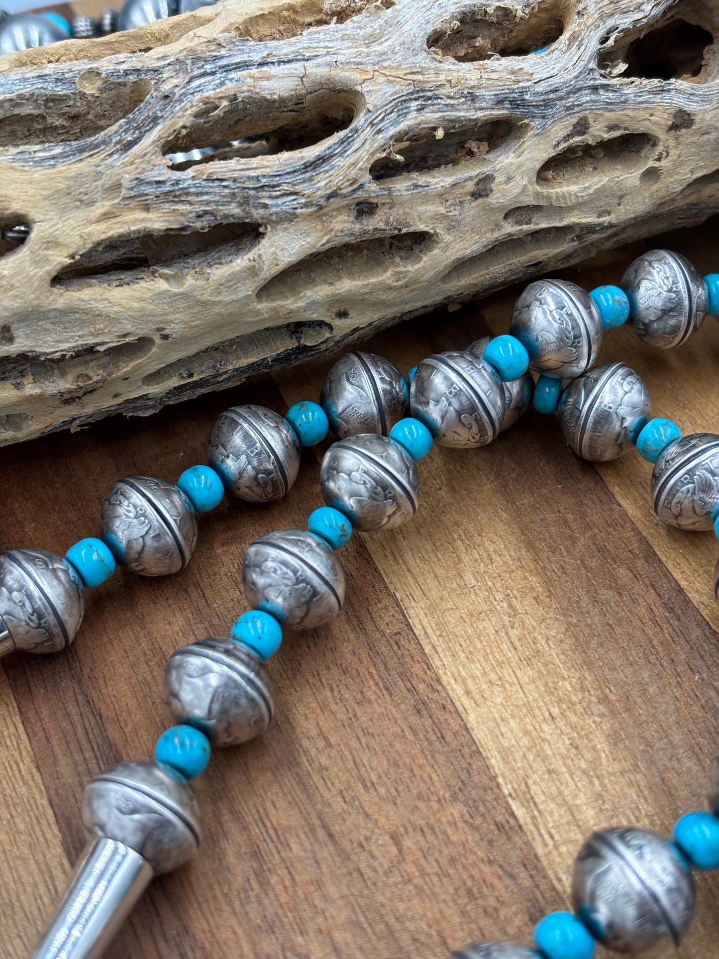 28” Mercury Dime & Turquoise Necklace by James McCabe, Navajo