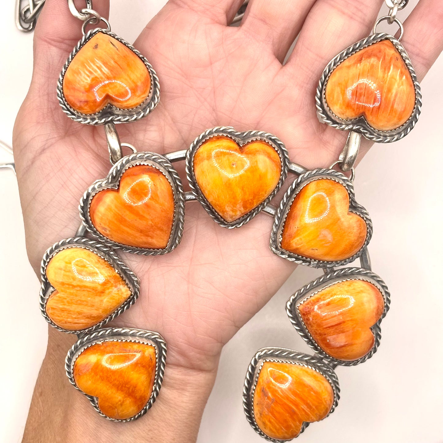 18" Orange Spiny Oyster Heart Necklace by Navajo Artist Gilbert Nez