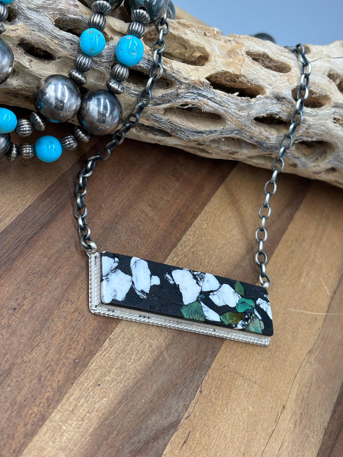 White Buffalo Mojave #917-43 XL Bar Necklace by Brandon Etcitty, Navajo