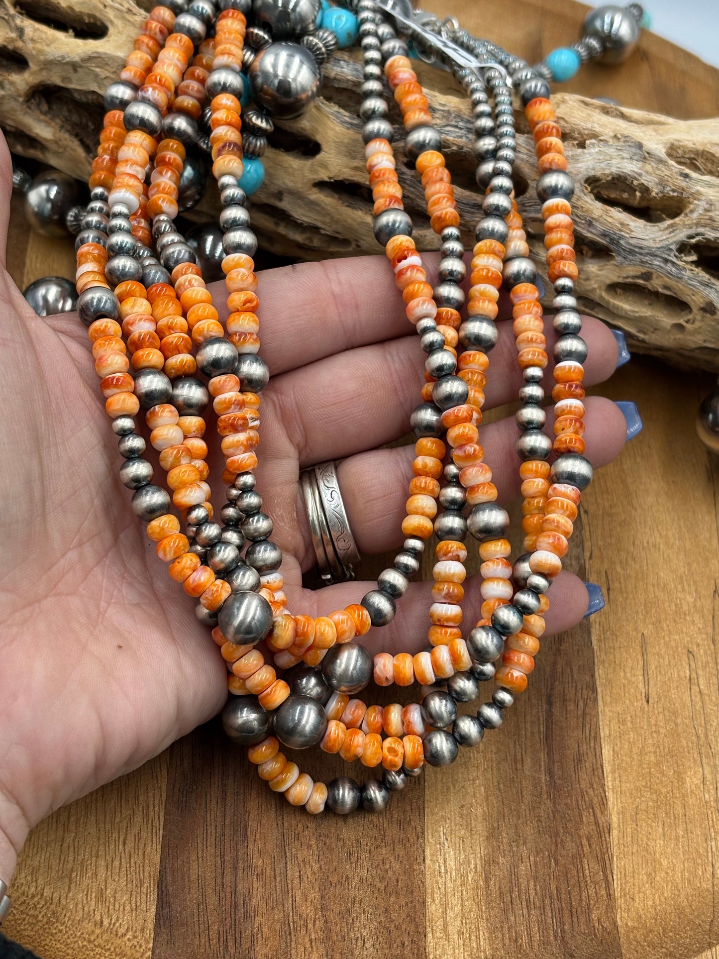 18” Orange Spiny & Sterling Silver Pearl Necklace