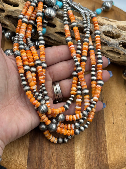 18” Orange Spiny & Sterling Silver Pearl Necklace