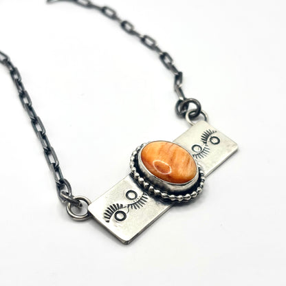 18" Orange Spiny Oyster Stamped Bar Necklace Native Made by Danny Henio
