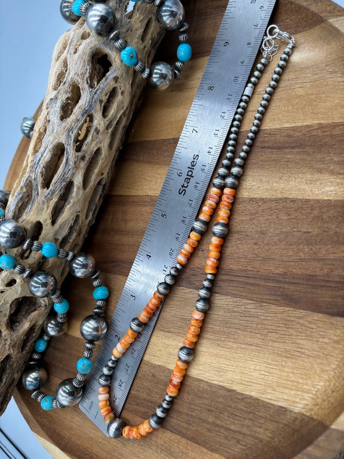 18” Orange Spiny & Sterling Silver Pearl Necklace