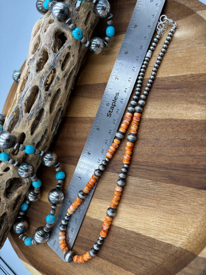 18” Orange Spiny & Sterling Silver Pearl Necklace