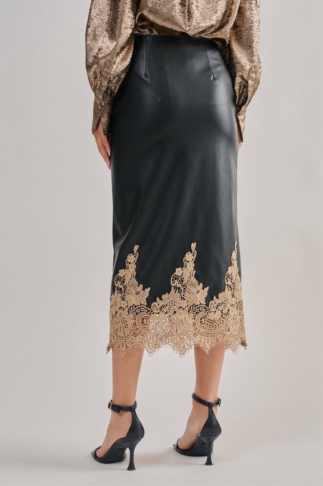 Kara Faux Leather Midi Skirt with Lace