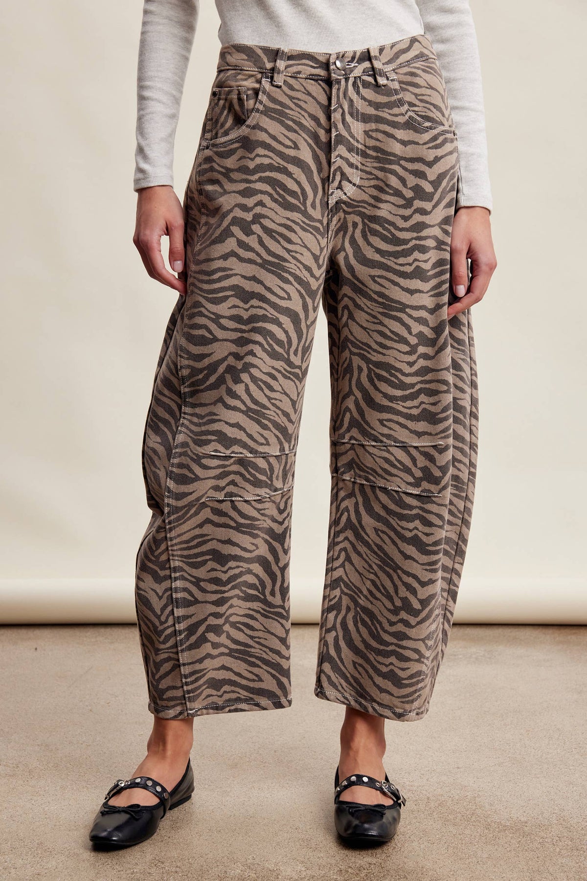Zebra Print Barrel Jeans Mocha