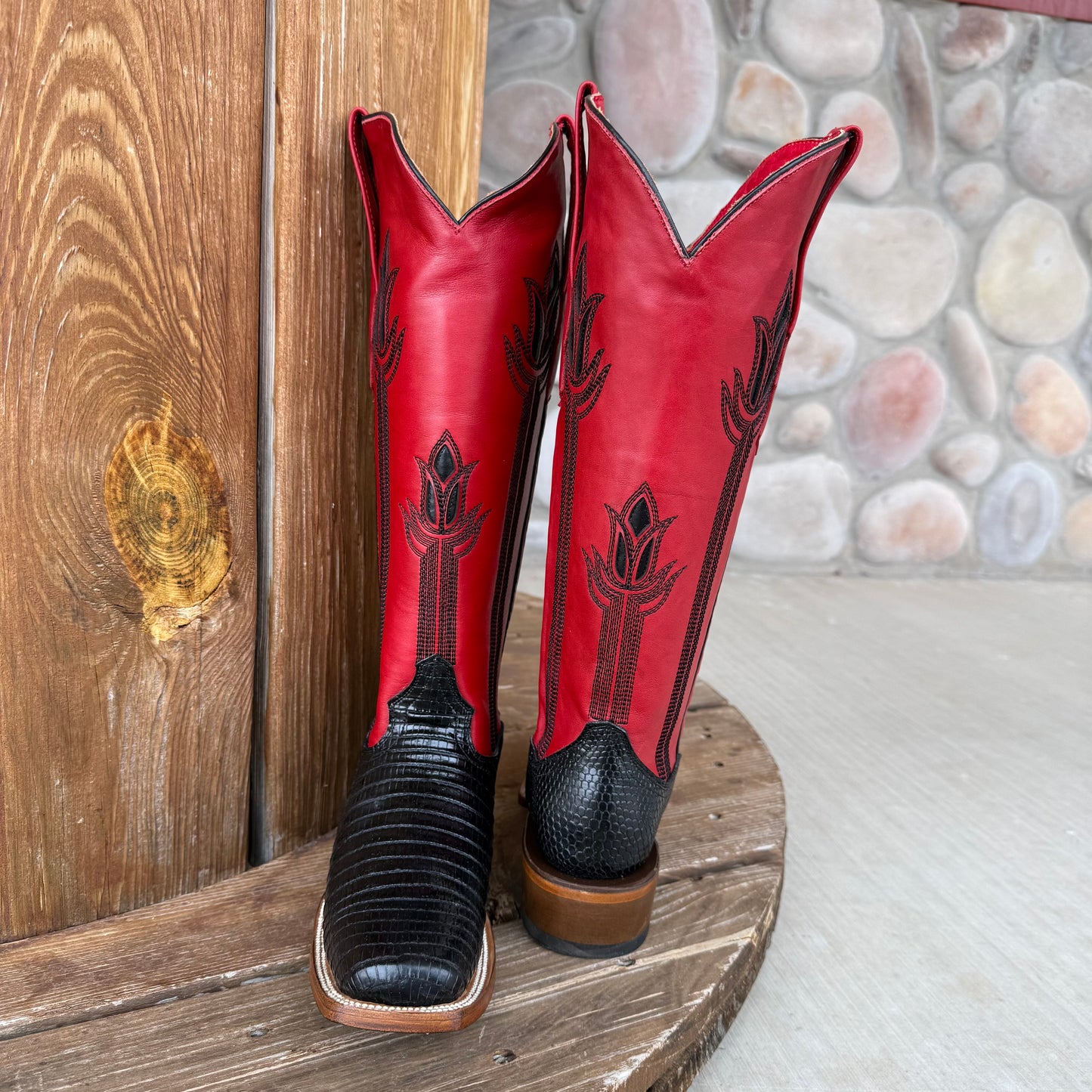 Signature Turquoise Reata Boot – The Liza, Black Lizard Print & Red Tulip Top Square Rodeo Toe Boot