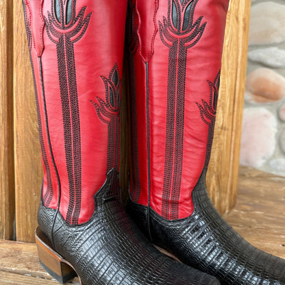 Signature Turquoise Reata Boot – The Liza, Black Lizard Print & Red Tulip Top Square Rodeo Toe Boot
